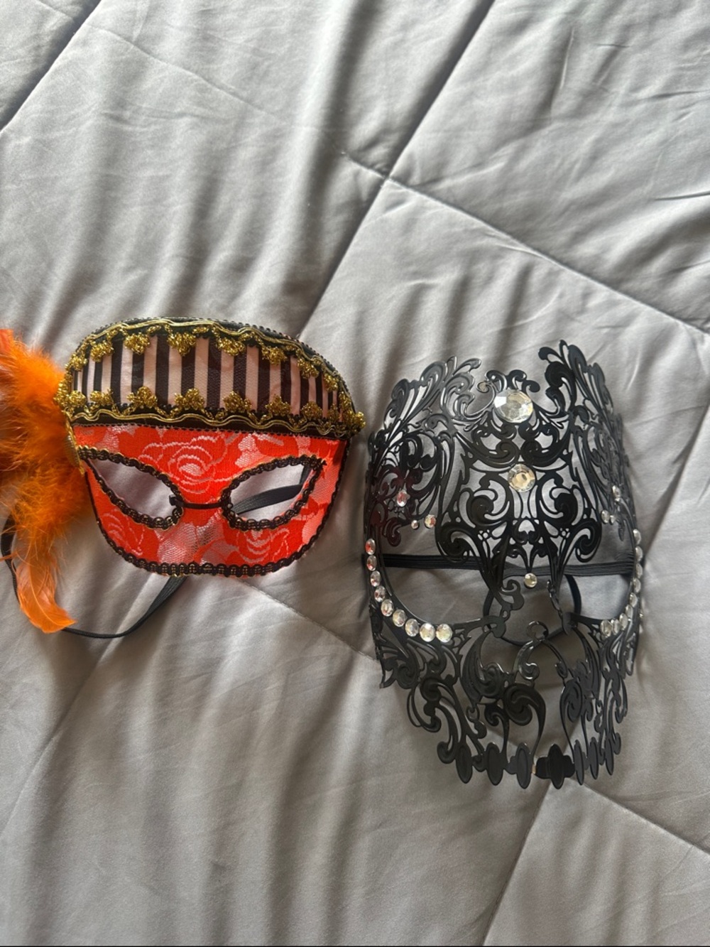 Orange Feather Venetian Mask & Black Filigree Masquerade Mask